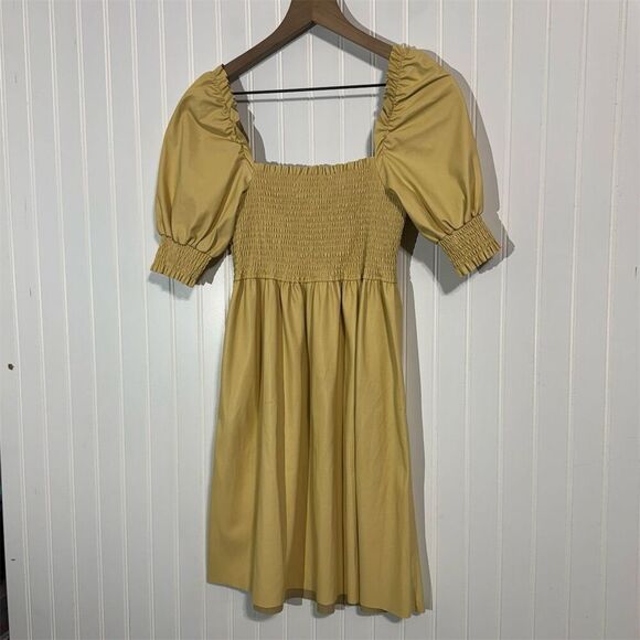 7 For All Mankind Faux Leather Puff Sleeve‎ Dress S Yellow Smocked Bodice NWT - Picture 3 of 10